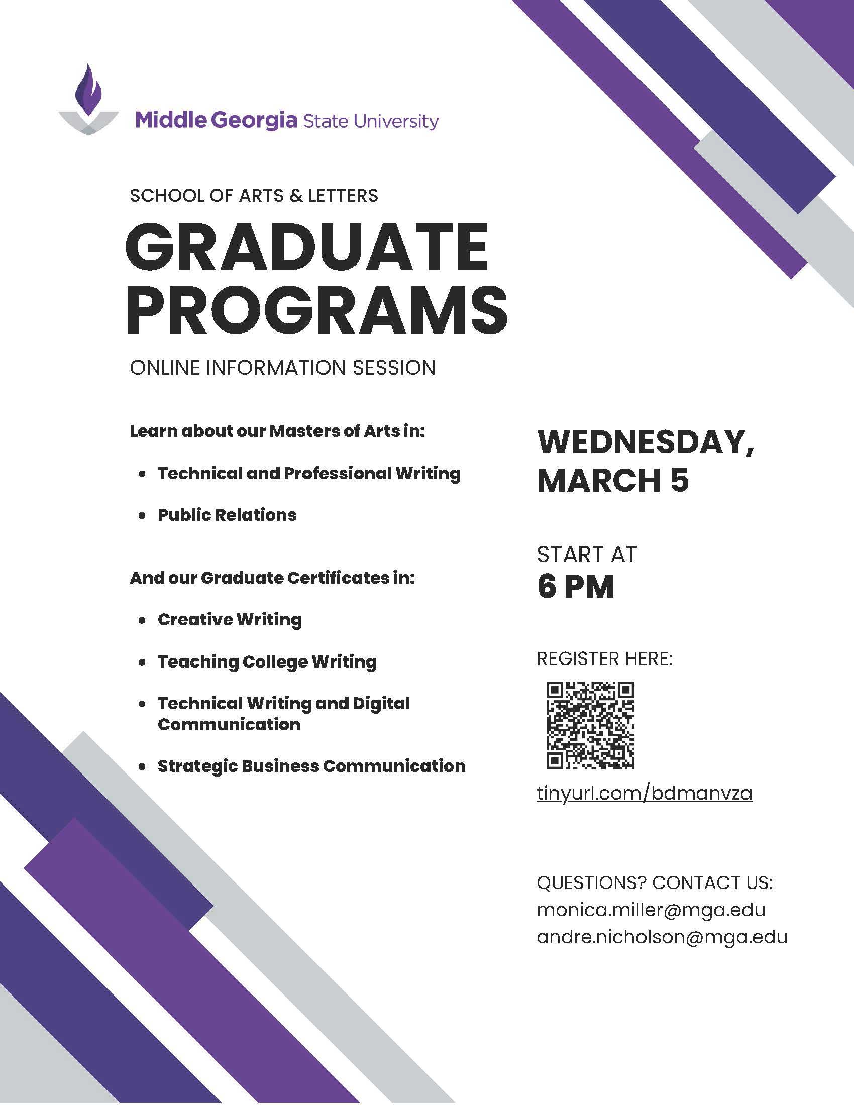 Join MGA's School of Arts & Letters (SOAL) for a FREE virtual information session on their graduate programs and certificates at 6 p.m. on Wednesday, March 5, via Microsoft Teams.